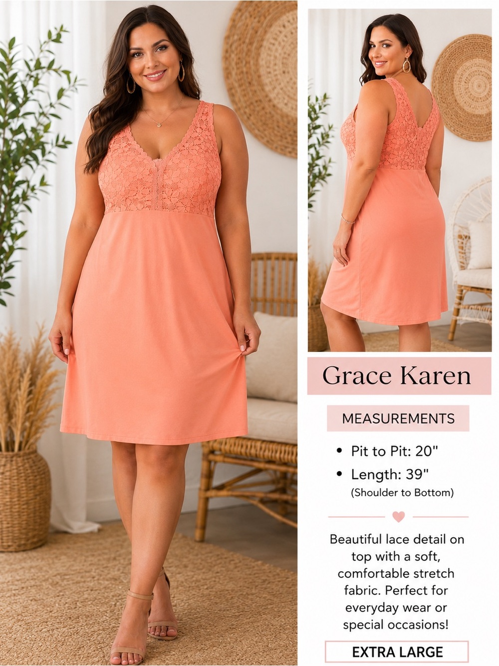 Grace Karin Coral Lace-Top Chemise Nightdress